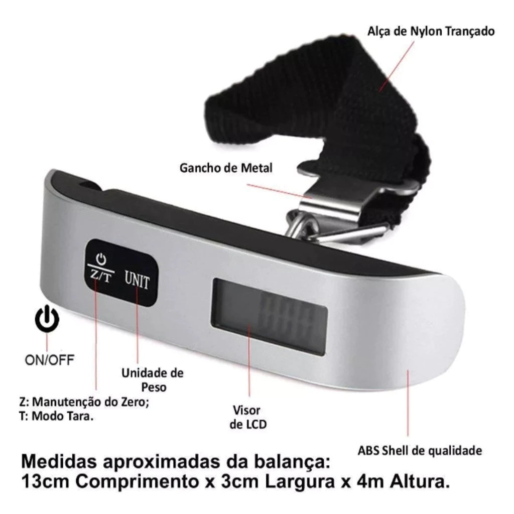 Balança Digital de Mão 50kg para Bagagem com Gancho - TOP Viagem