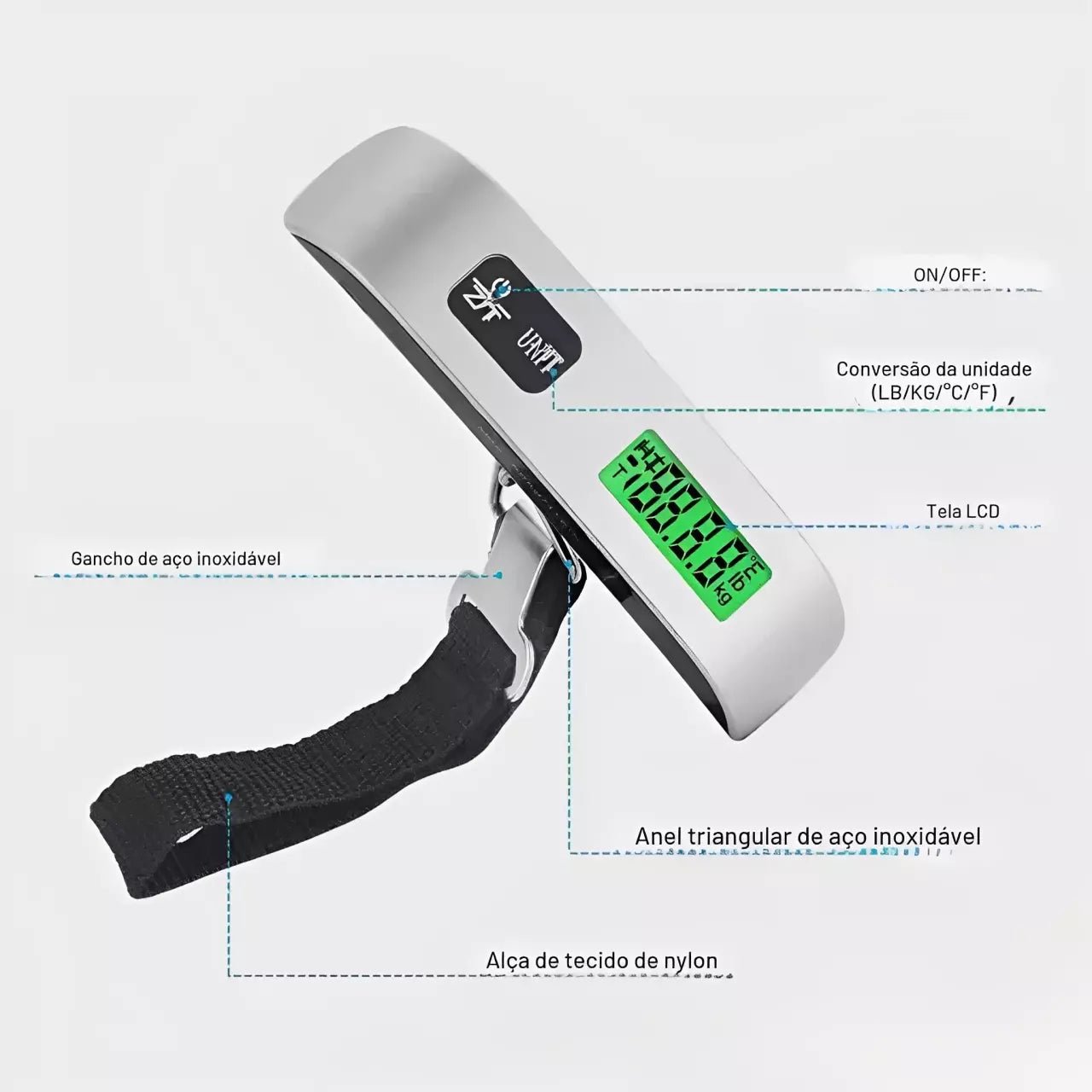 Balança Digital de Mão 50kg para Bagagem com Gancho - TOP Viagem