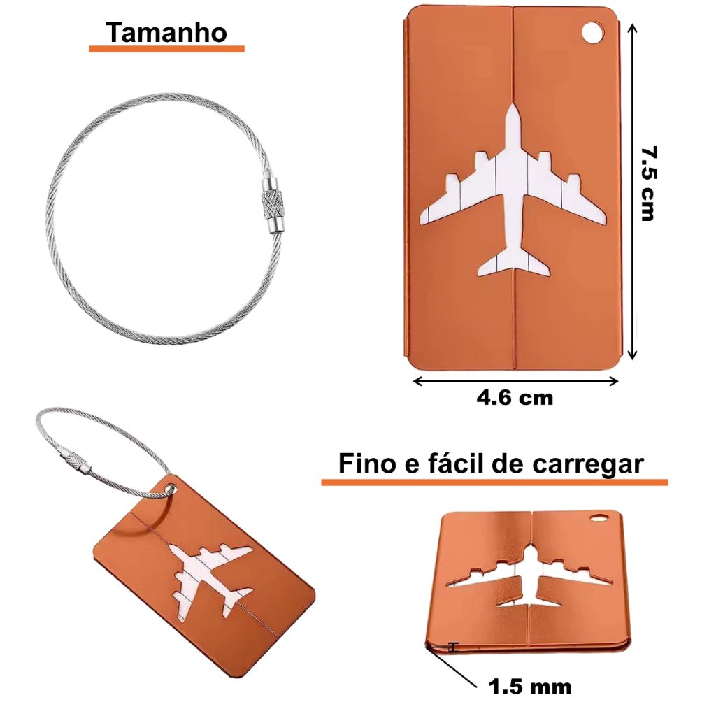 Kit com 3 etiquetas de viagem em alumínio anodizado. Protege dados pessoais, facilita a identificação da bagagem e garante durabilidade em qualquer viagem