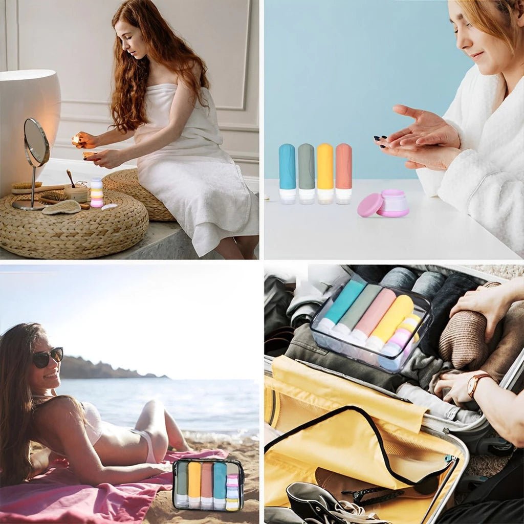 Frascos de silicone coloridos, práticos e reutilizáveis — perfeitos para viagens.