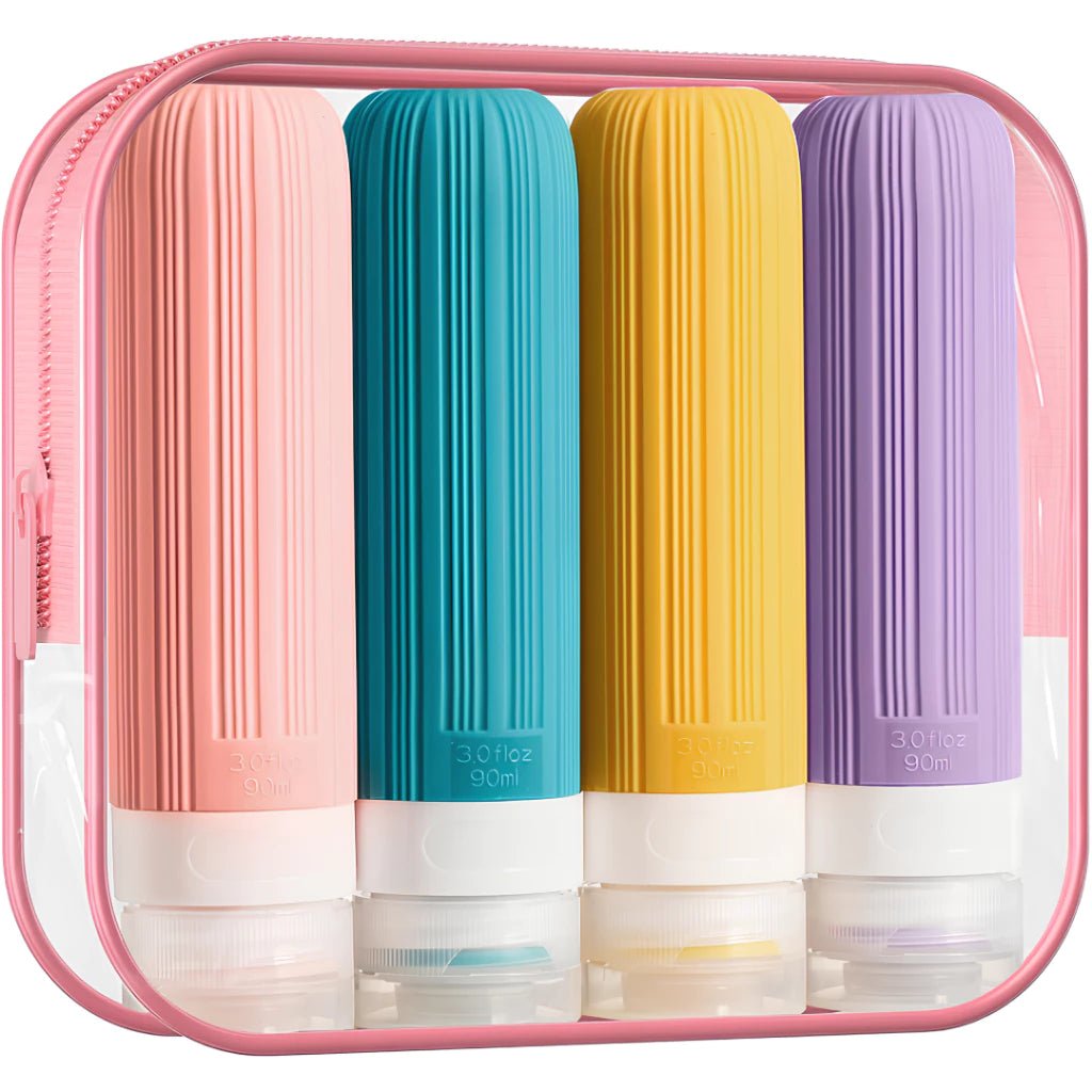 Frascos de silicone coloridos, práticos e reutilizáveis — perfeitos para viagens.