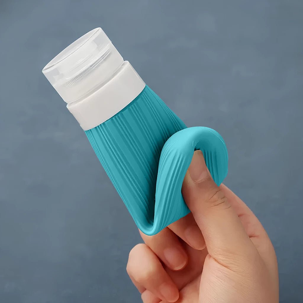 Frascos de silicone coloridos, práticos e reutilizáveis — perfeitos para viagens.