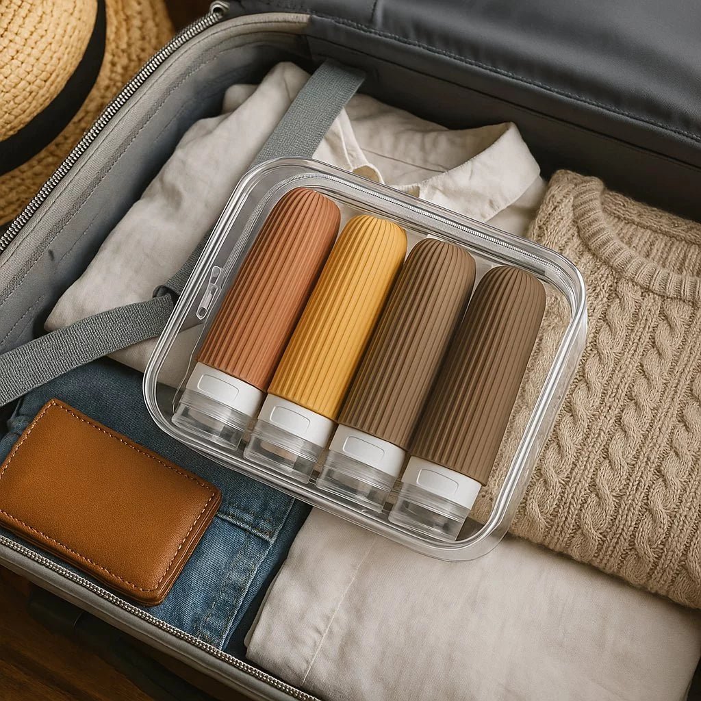 Frascos de silicone coloridos, práticos e reutilizáveis — perfeitos para viagens.