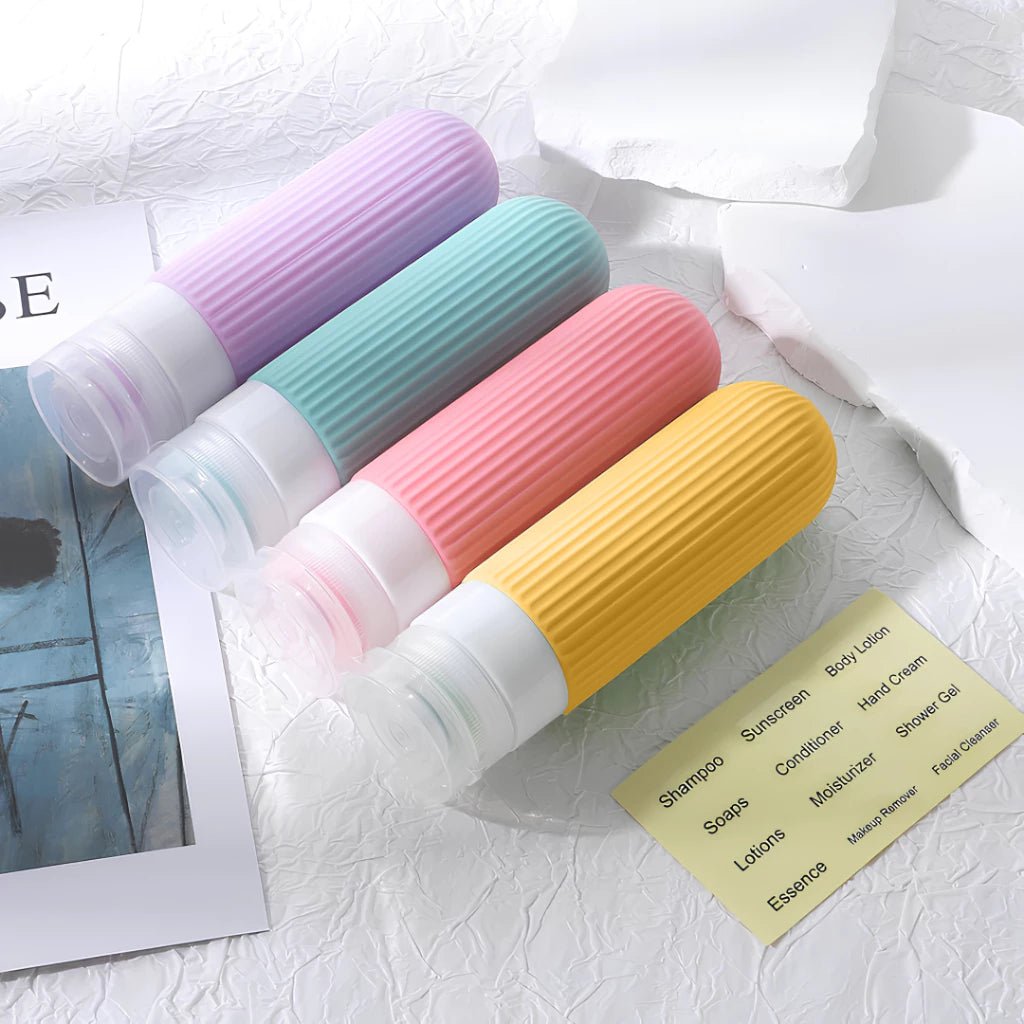 Frascos de silicone coloridos, práticos e reutilizáveis — perfeitos para viagens.