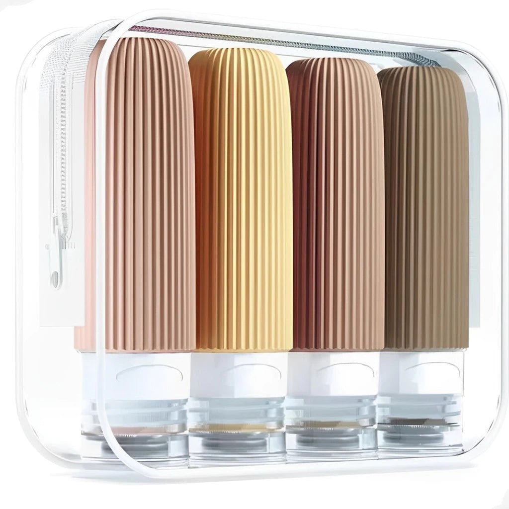 Frascos de silicone coloridos, práticos e reutilizáveis — perfeitos para viagens.