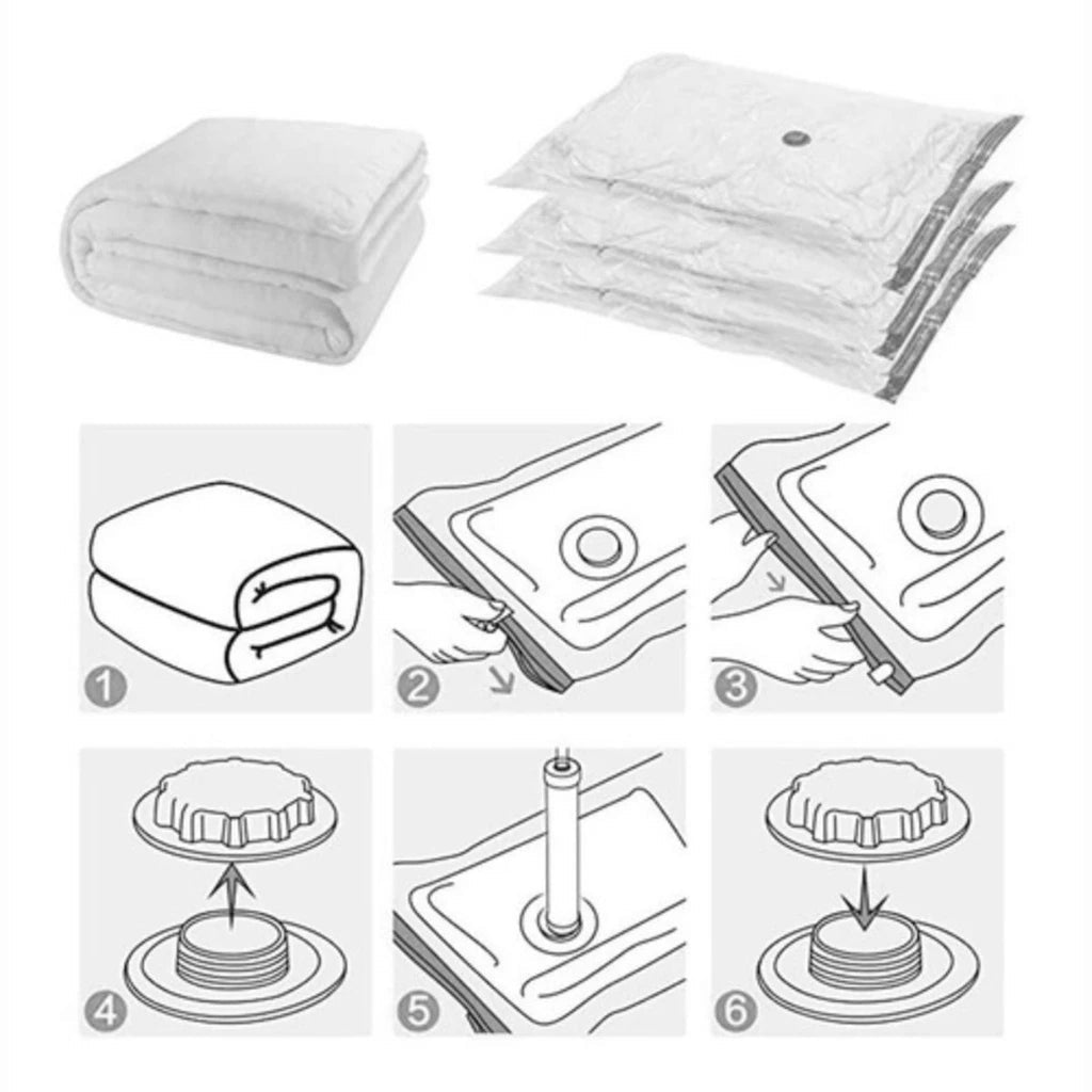 Kit saco a vácuo com bomba para edredom, ideal para economizar espaço e proteger roupas contra poeira, umidade e mofo. Compactação fácil e prática.