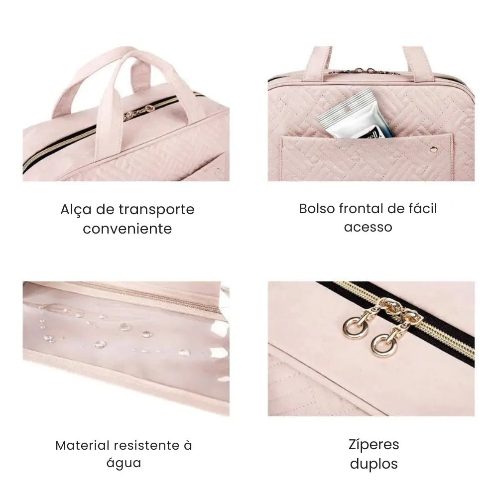 Necessaire de viagem pendurada com gancho giratório 360° em banheiro de hotel elegante