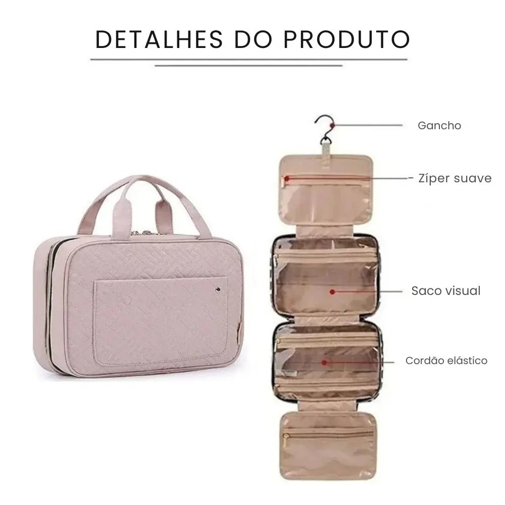 Necessaire de viagem pendurada com gancho giratório 360° em banheiro de hotel elegante