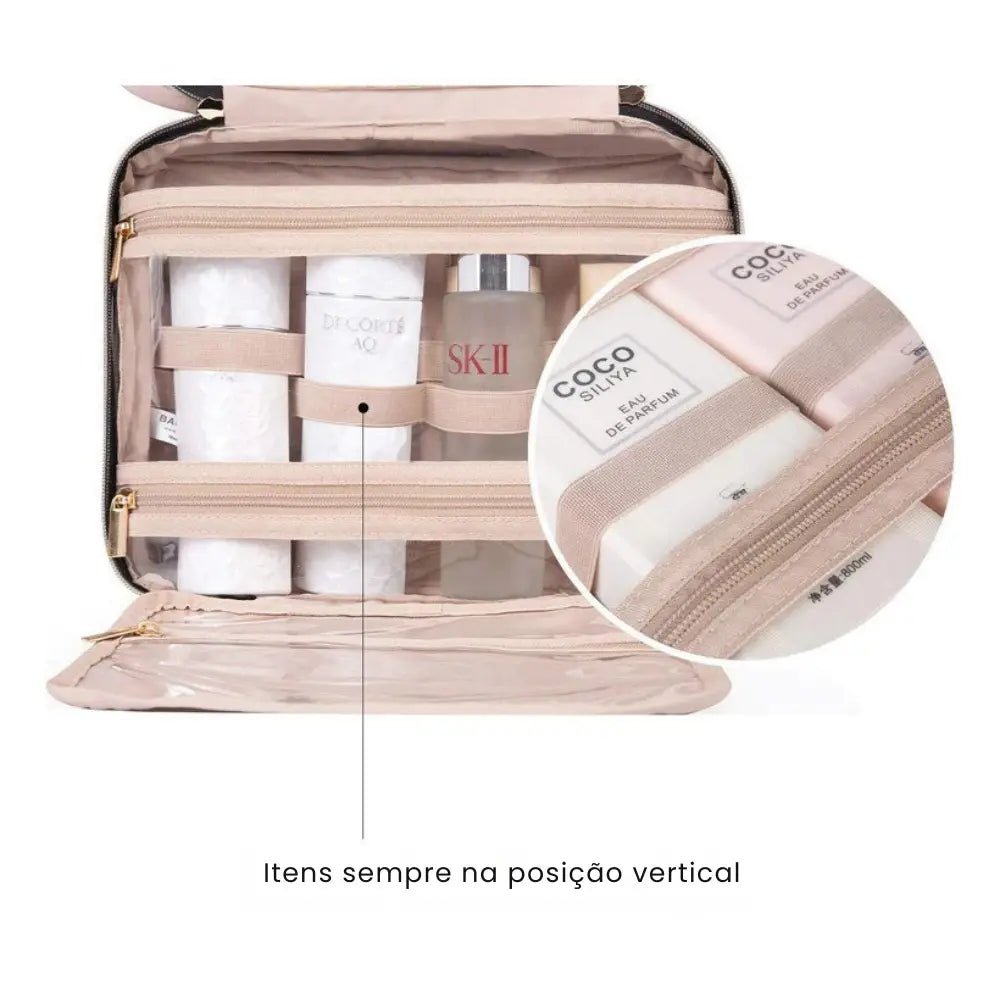 Necessaire de viagem pendurada com gancho giratório 360° em banheiro de hotel elegante