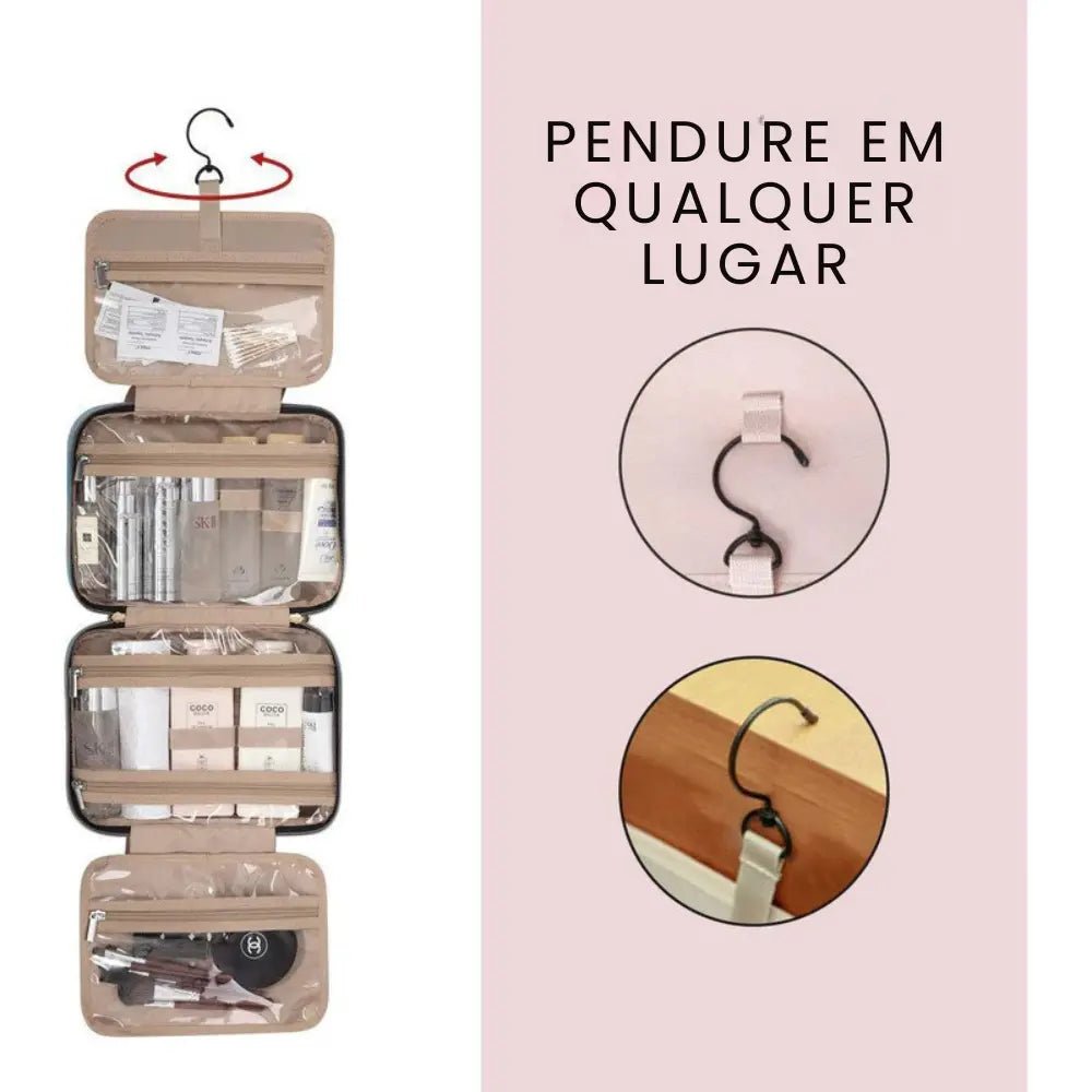Necessaire de viagem pendurada com gancho giratório 360° em banheiro de hotel elegante