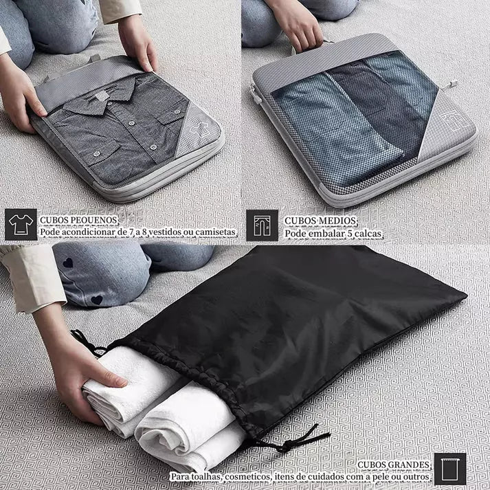 Kit de organizadores em cubos de compressão premium para mala de viagem, 6 peças