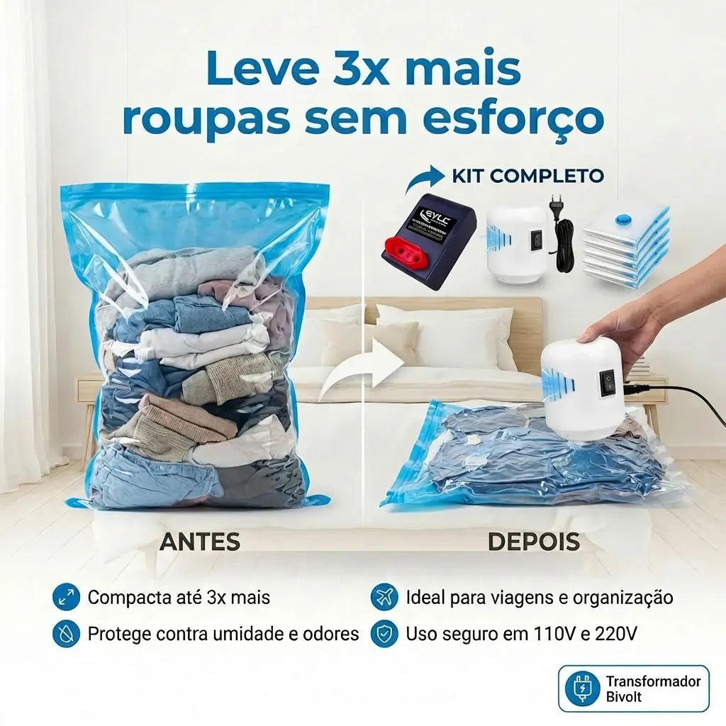 Bomba Elétrica + 5 Sacos a Vácuo Grátis + Autotransformardor 110/220V (70W) Grátis - TOP Viagem