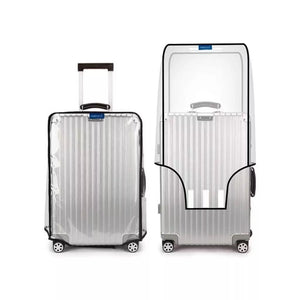 Capa transparente em PVC cristal protegendo mala de viagem