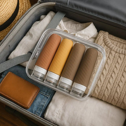 Frascos de silicone coloridos, práticos e reutilizáveis — perfeitos para viagens.