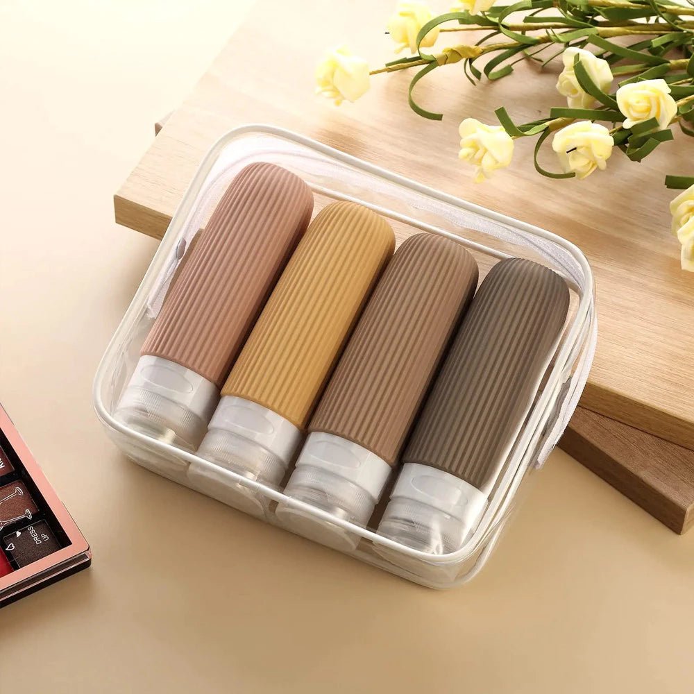 Frascos de silicone coloridos, práticos e reutilizáveis — perfeitos para viagens.