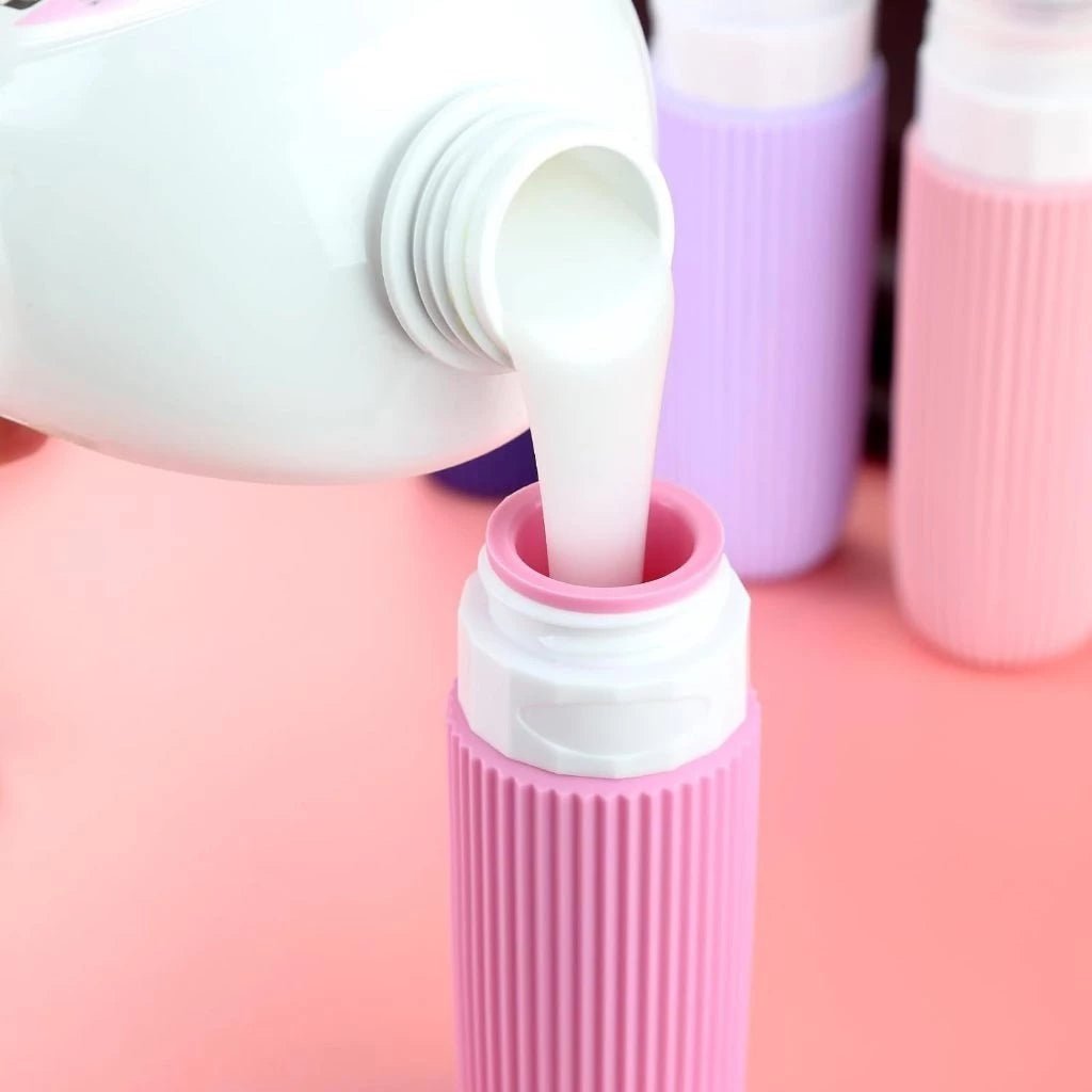 Frascos de silicone coloridos, práticos e reutilizáveis — perfeitos para viagens.