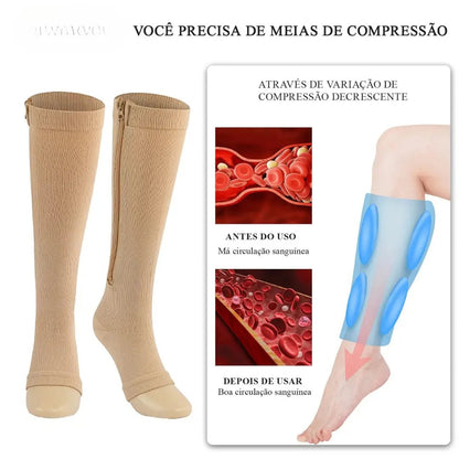 Meia de Compressão com Zíper – Alívio de Dores e Inchaços - TOP Viagem