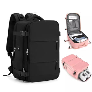 Mochila bagagem de mão expansiva preta com múltiplos compartimentos acolchoados