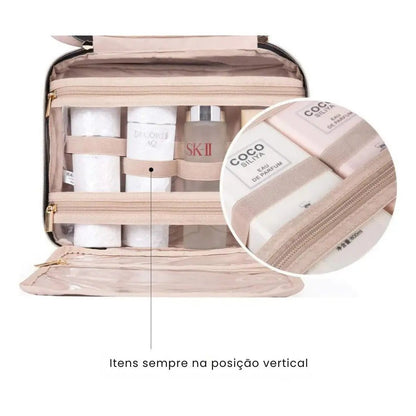 Necessaire de viagem pendurada com gancho giratório 360° em banheiro de hotel elegante