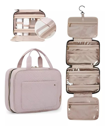 Necessaire de viagem pendurada com gancho giratório 360° em banheiro de hotel elegante
