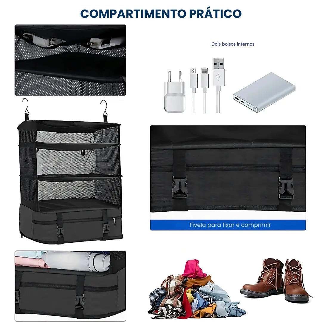 Organizador de Mala Suspenso com Prateleiras Dobrável - Sua Viagem, Muito Mais Prática - TOP Viagem