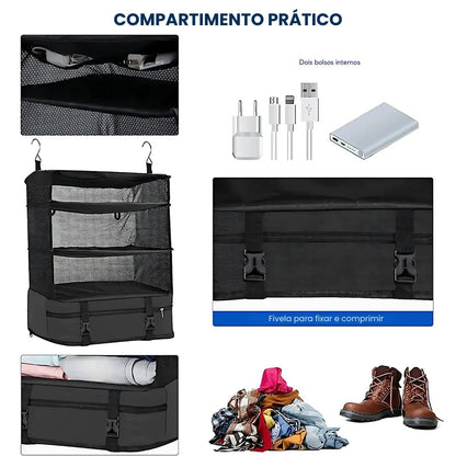 Organizador de Mala Suspenso com Prateleiras Dobrável - Sua Viagem, Muito Mais Prática - TOP Viagem