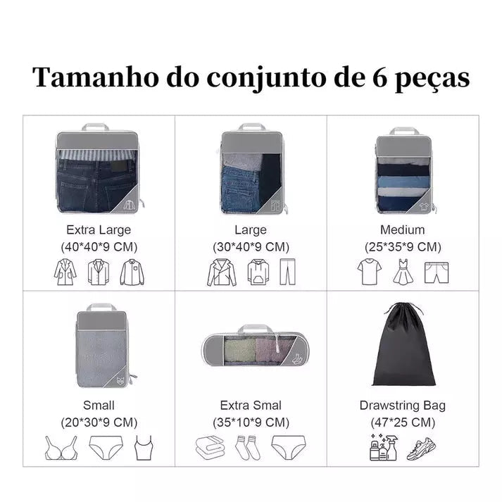 Kit de organizadores em cubos de compressão premium para mala de viagem, 6 peças
