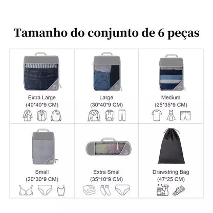 Kit de organizadores em cubos de compressão premium para mala de viagem, 6 peças