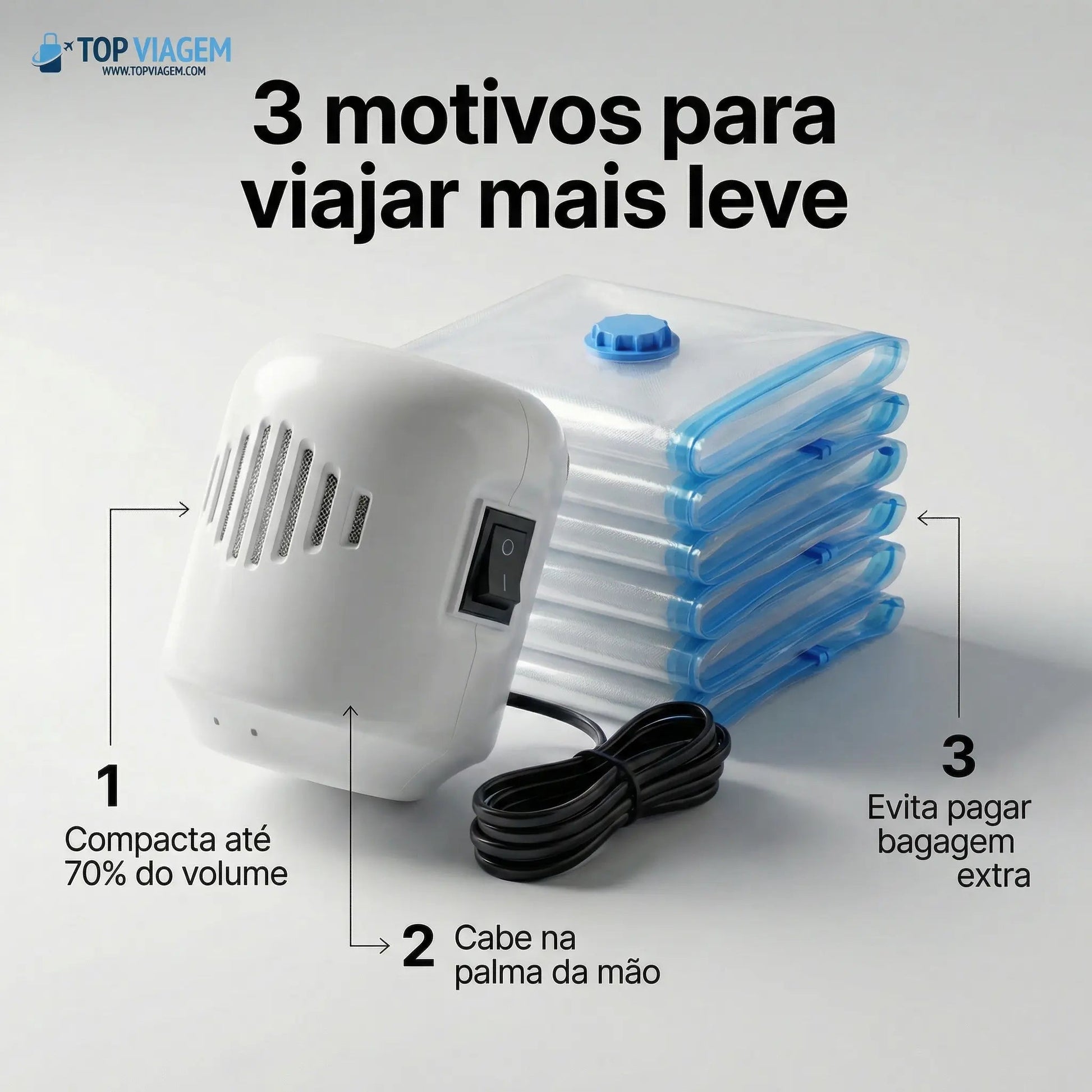 Vacuum Pro - Bomba Elétrica + 5 Sacos (50x60cm) + Desamassador 350ml - TOP Viagem
