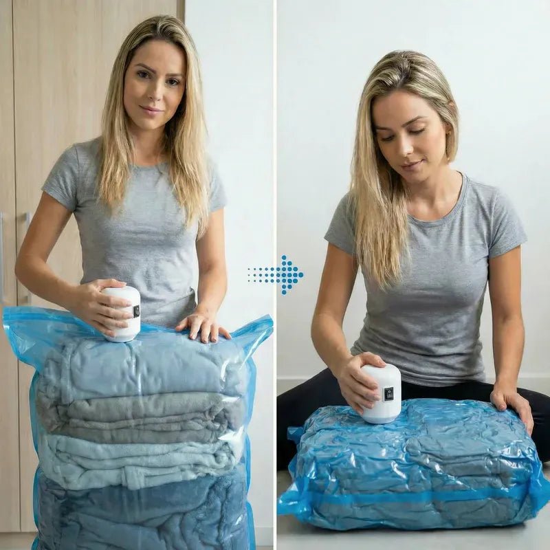 Vacuum Pro - Bomba Elétrica + 5 Sacos (50x60cm) + Desamassador 350ml - TOP Viagem